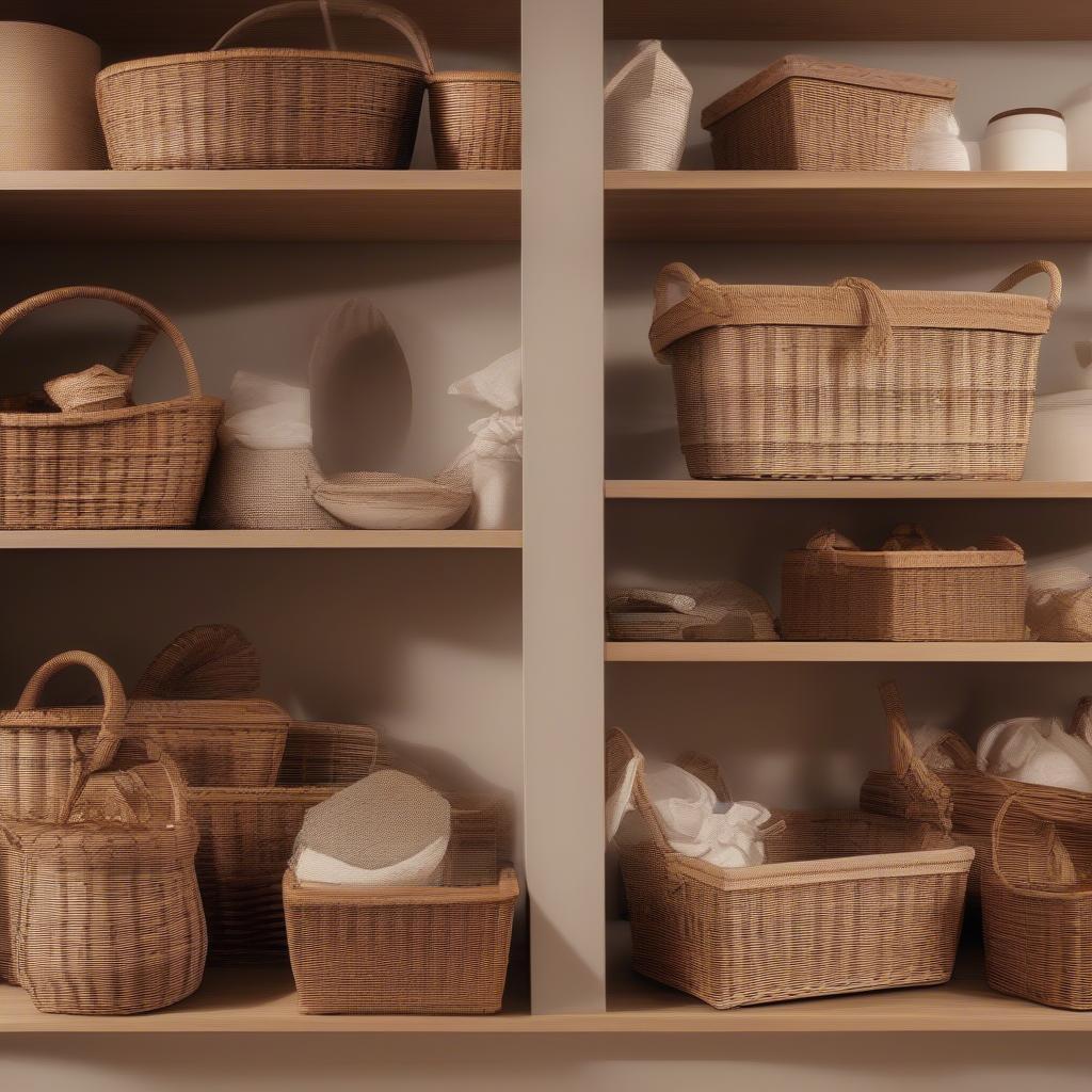 Wicker Baskets on Wooden Shelves