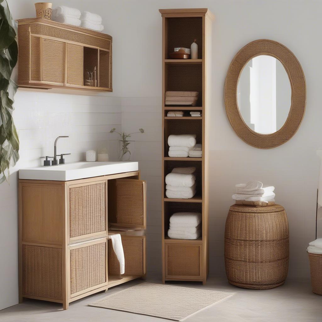 Wicker bath cabinets in different bathroom settings