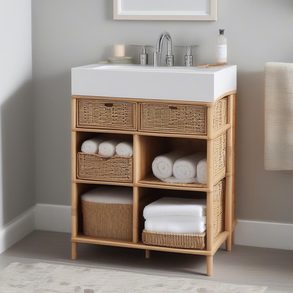 Wicker bath cabinets with different storage solutions