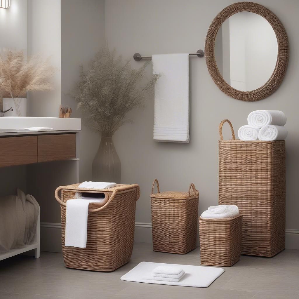 A set of wicker bathroom accessories, including a toilet roll holder, laundry hamper, and trash can, creating a cohesive and stylish bathroom decor.