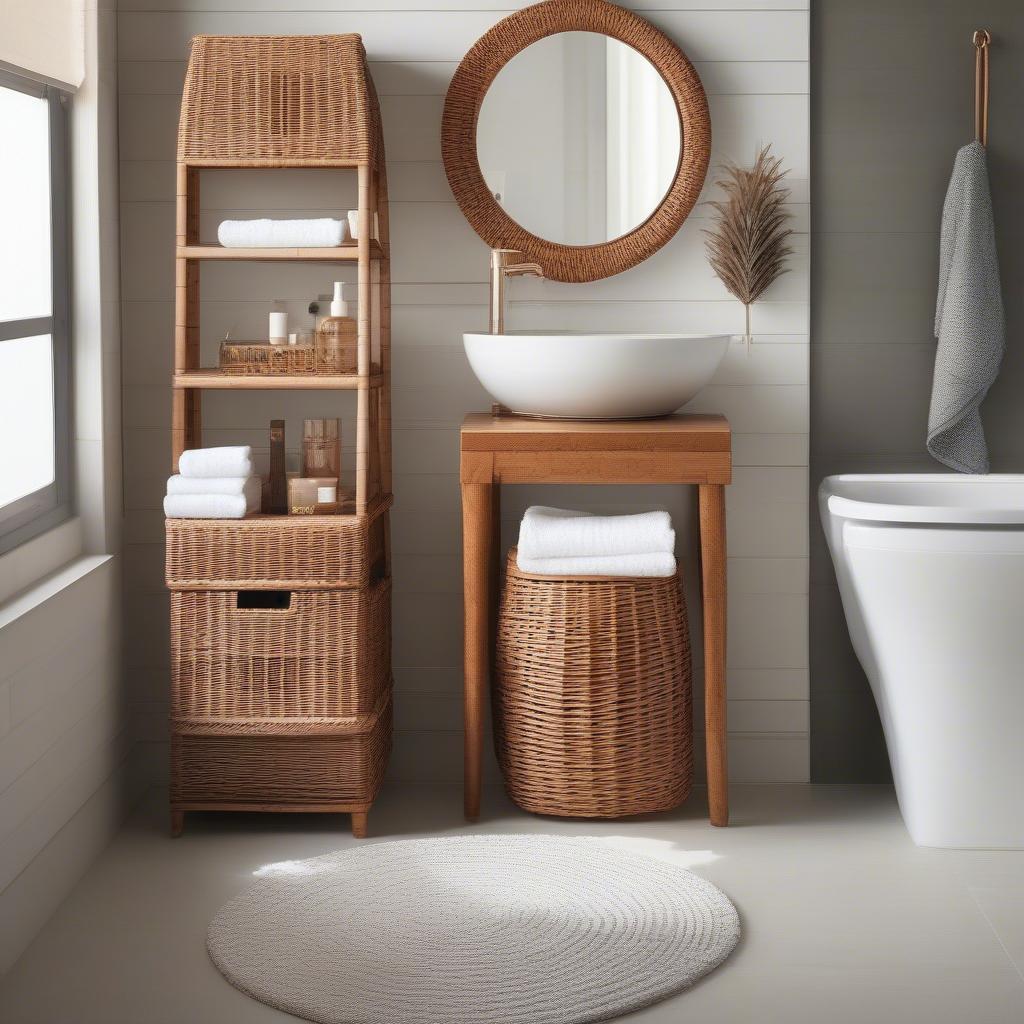 Wicker bathroom accessories set, including a toilet paper roll holder, magazine holder, and wastebasket.