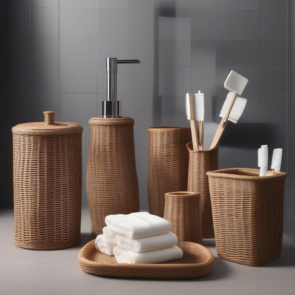 Wicker bathroom accessories set including toilet roll holder