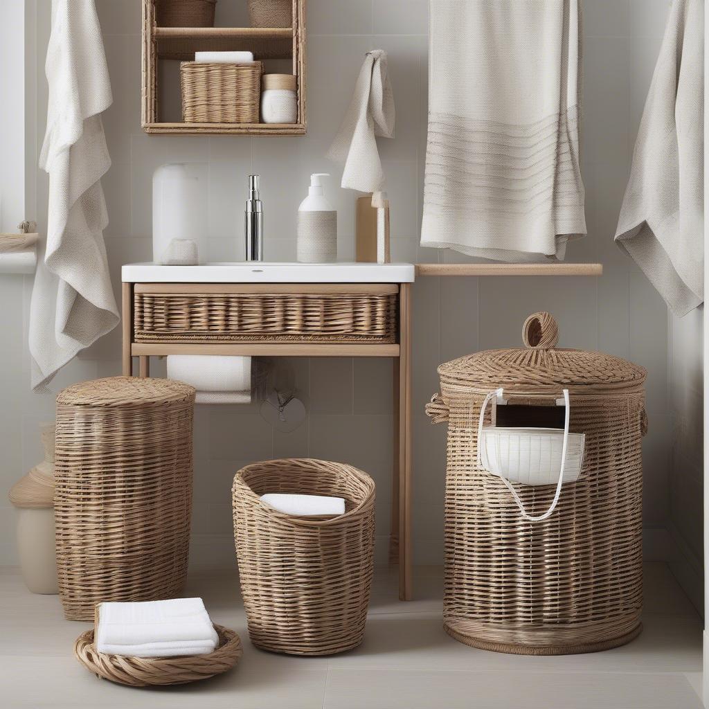 A set of wicker bathroom accessories