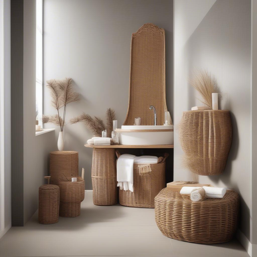 A complete set of wicker bathroom accessories, including a toilet paper holder, tissue box cover, wastebasket, and hamper.