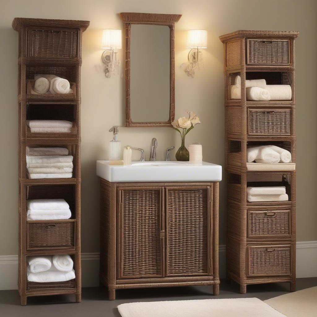 Different styles of wicker bathroom cabinets for storage.