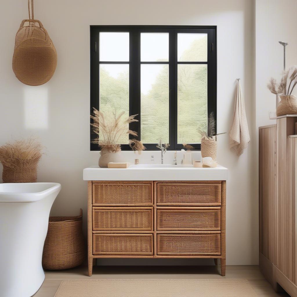 Wicker bathroom cabinet in a naturally lit bathroom showcasing its warm and inviting aesthetic.