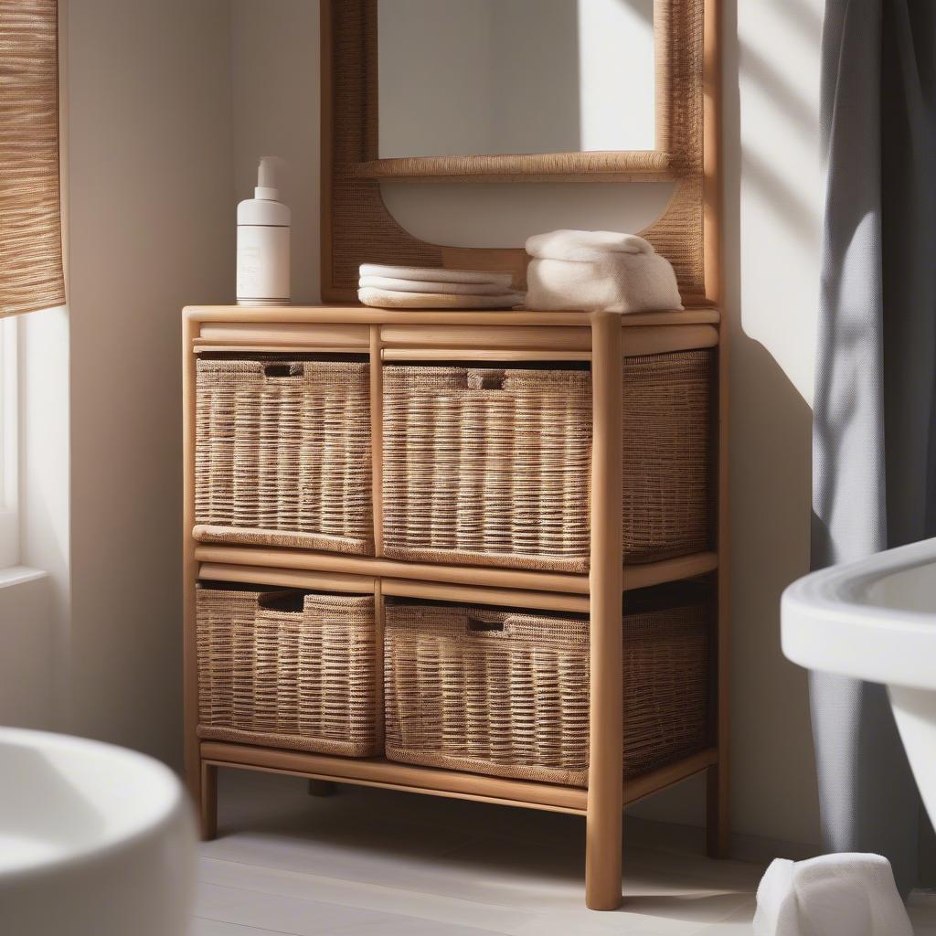 Natural light illuminating a wicker bathroom cabinet filled with towels and toiletries.