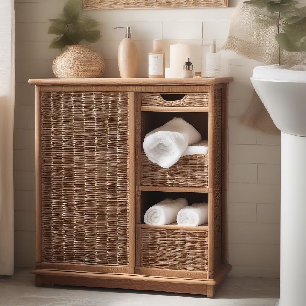 Wicker bathroom cabinet in a naturally lit bathroom, showcasing its texture and design.