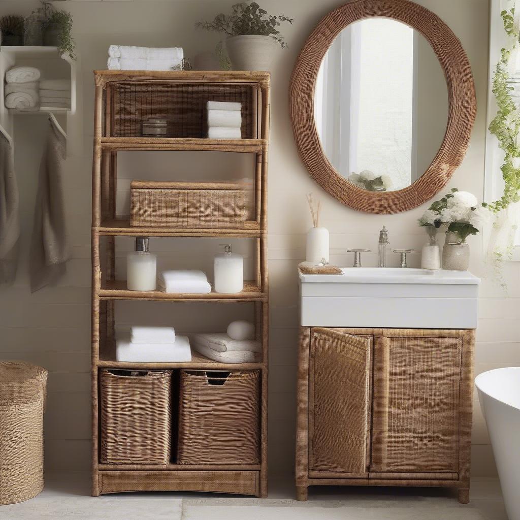 Wicker bathroom cabinet storage ideas for small and large bathrooms.