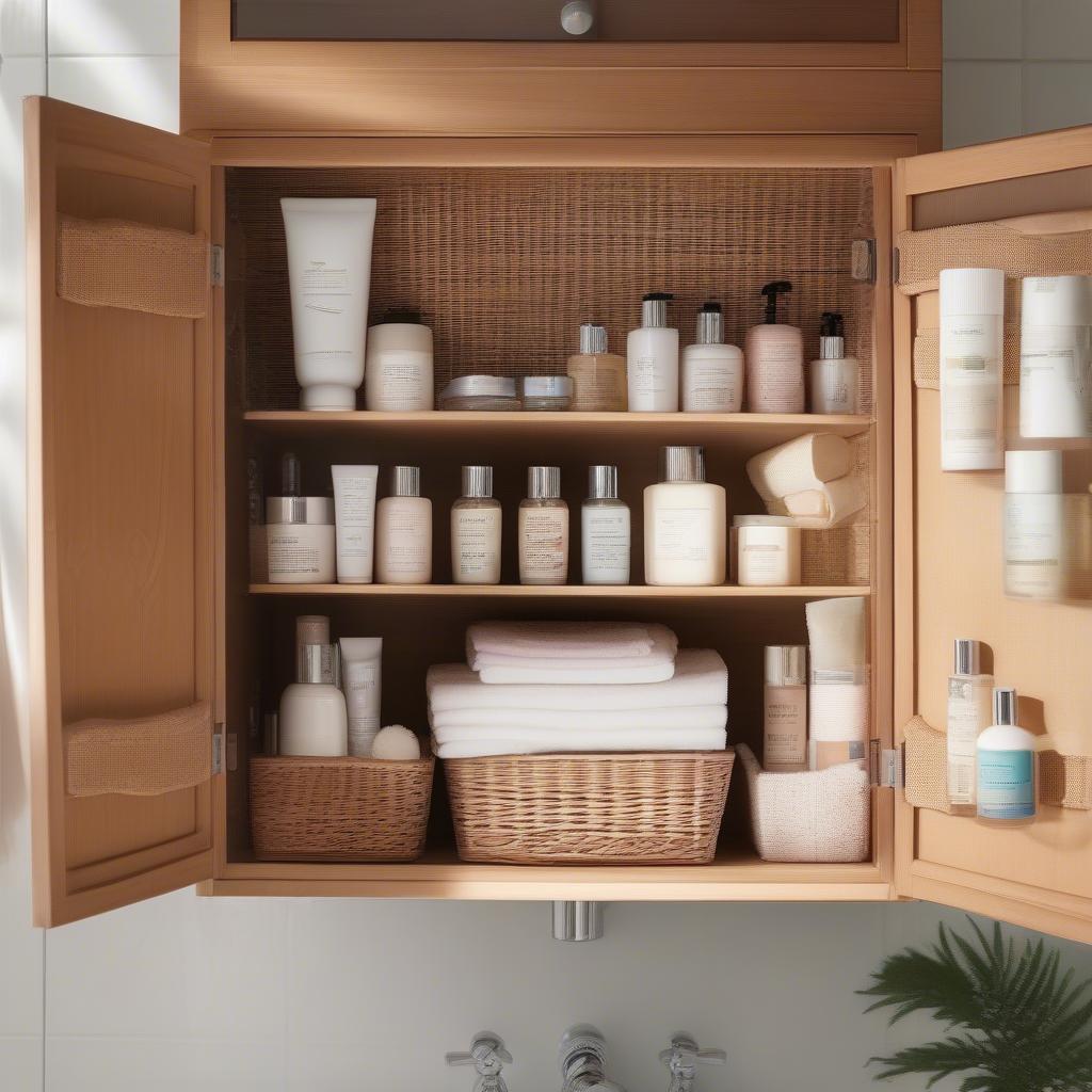 Wicker bathroom cabinet with organized storage, showcasing various toiletries and towels neatly arranged.