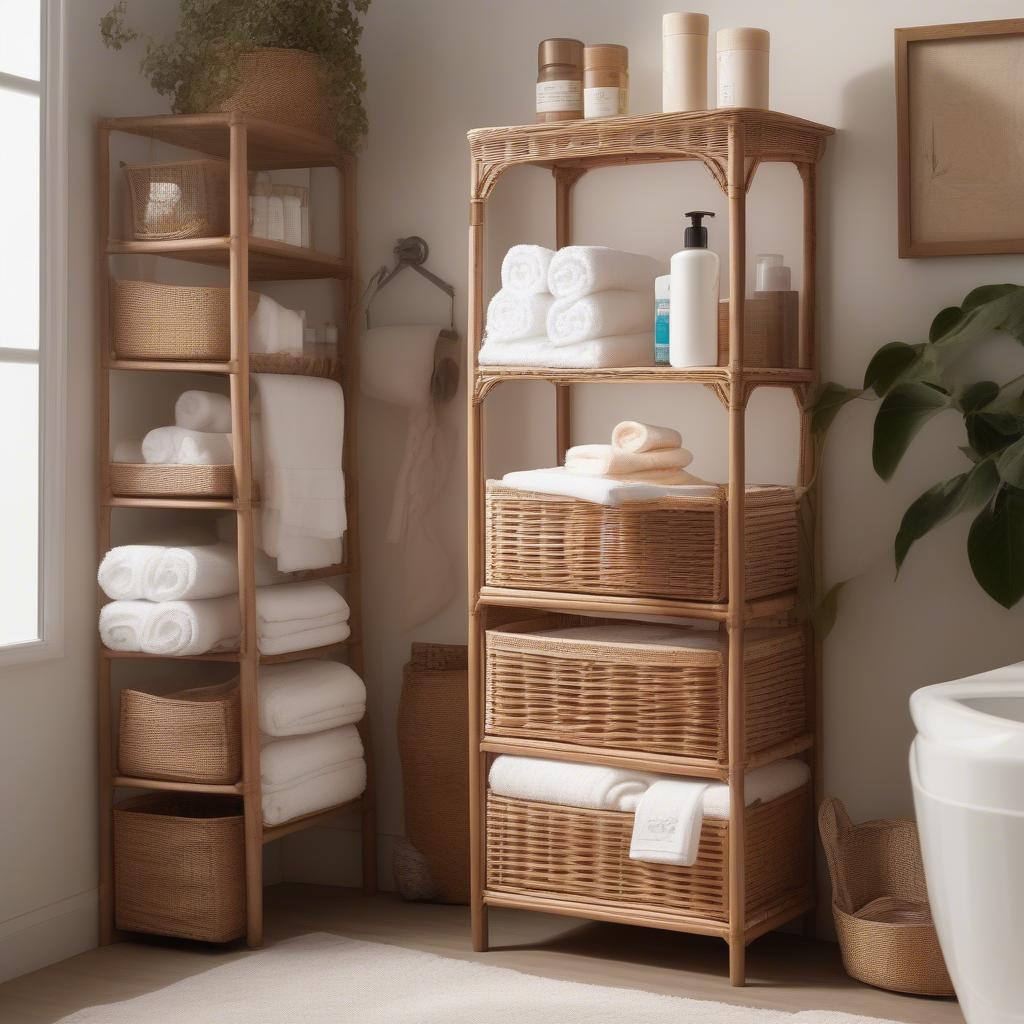 Wicker bathroom cabinet provides a practical storage solution in a stylish and eco-friendly manner.