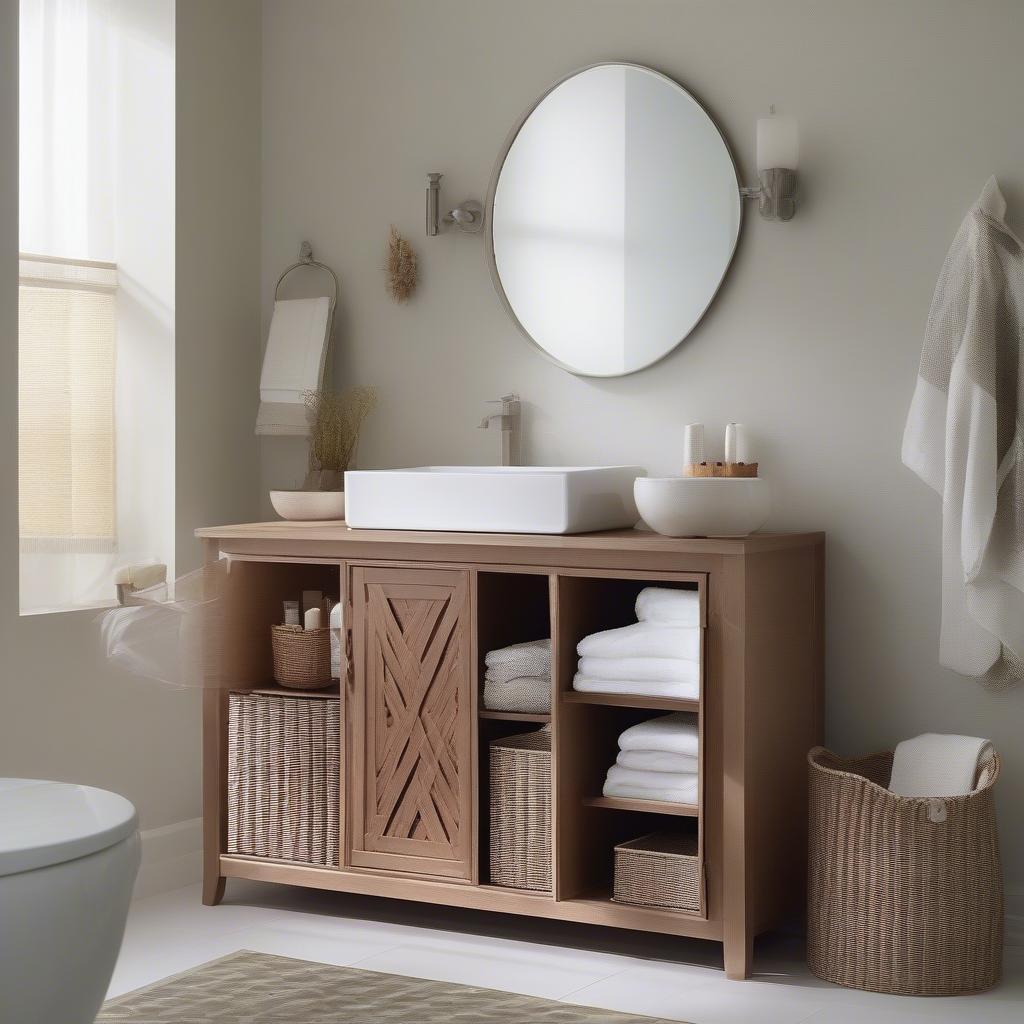 Different styles of wicker bathroom cabinets showcasing various designs and sizes.