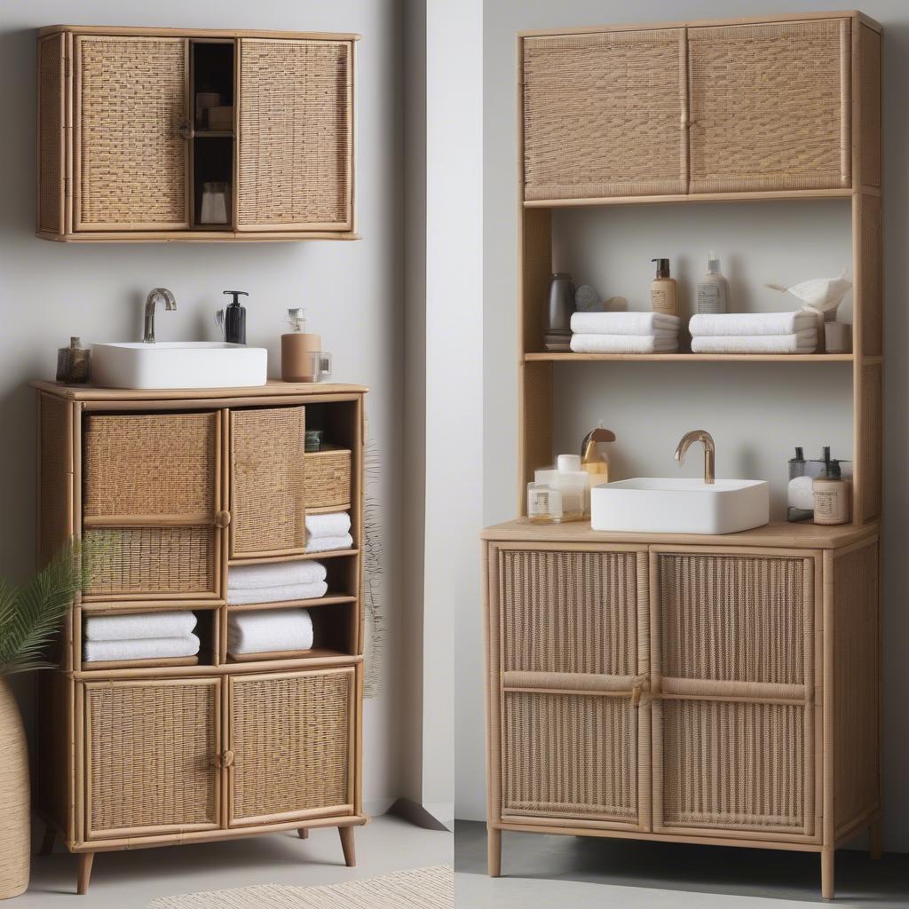 Different styles of hanging wicker bathroom cabinets.