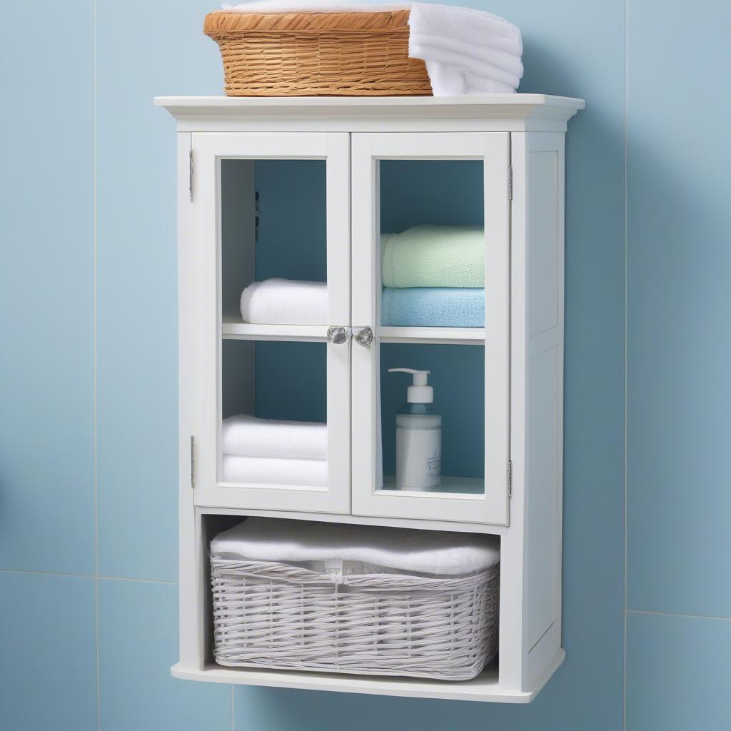 Wall-mounted wicker bathroom cabinet with shelves and towel bar