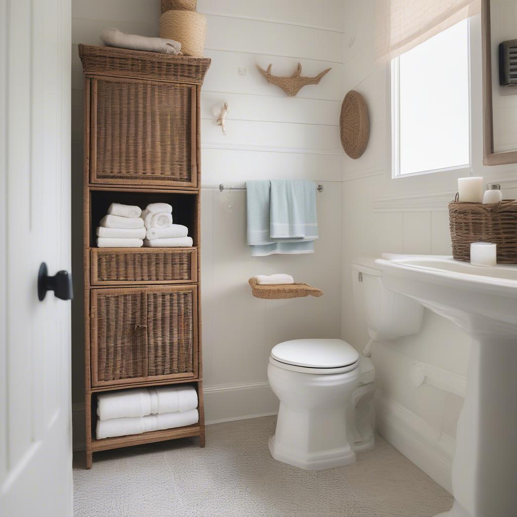 Wicker bathroom cabinet providing wall storage solutions in a small bathroom.