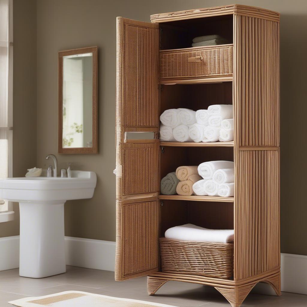 A wicker bathroom cabinet with neatly folded towels inside, showcasing practical storage.