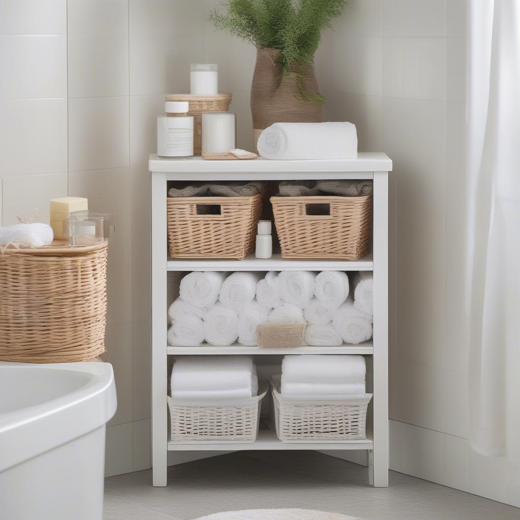 Wicker bathroom corner storage unit with drawers and shelves, perfect for small spaces.