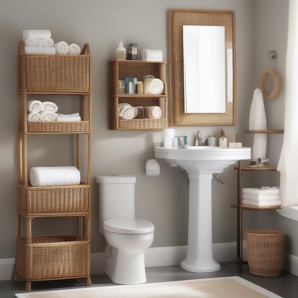 Wicker bathroom shelves showcasing different sizes and styles.