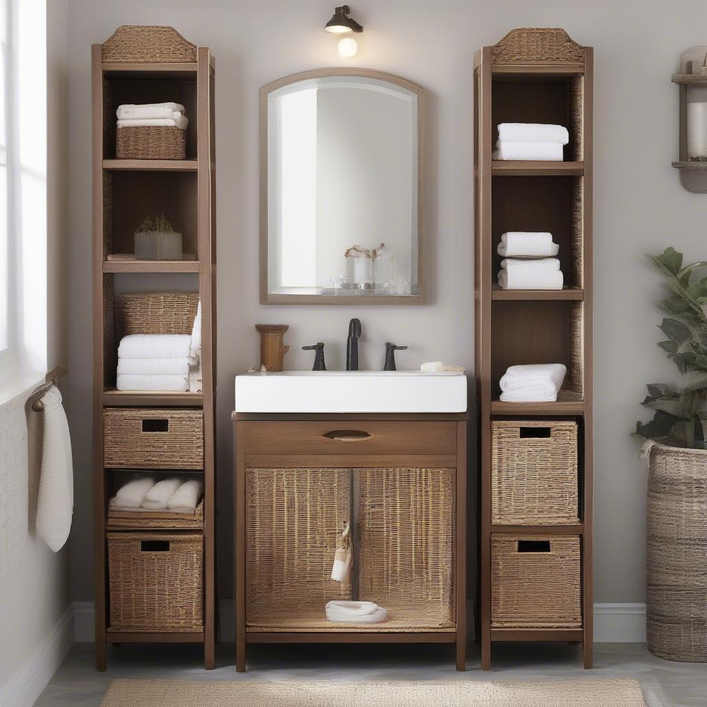 Wicker bathroom sink storage towers in various styles and sizes, showcasing their organizational potential and aesthetic appeal.