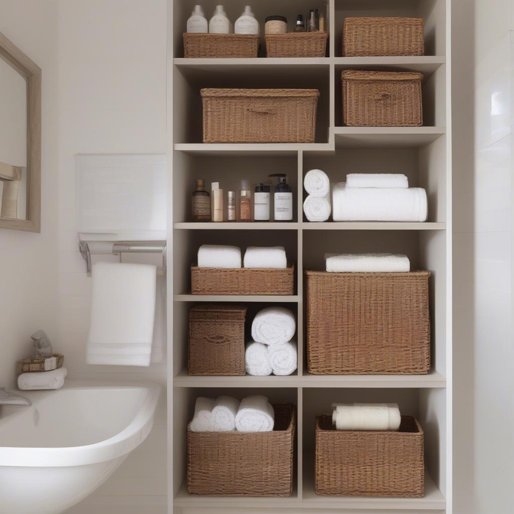 Wicker bathroom storage baskets on shelves and the floor, filled with towels, toiletries, and other bathroom essentials.