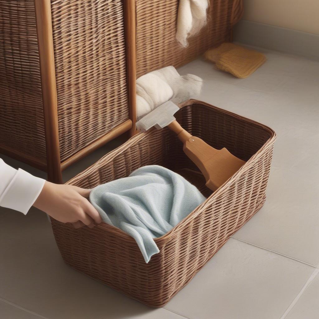 Cleaning a wicker bathroom storage bin with a soft brush and damp cloth.