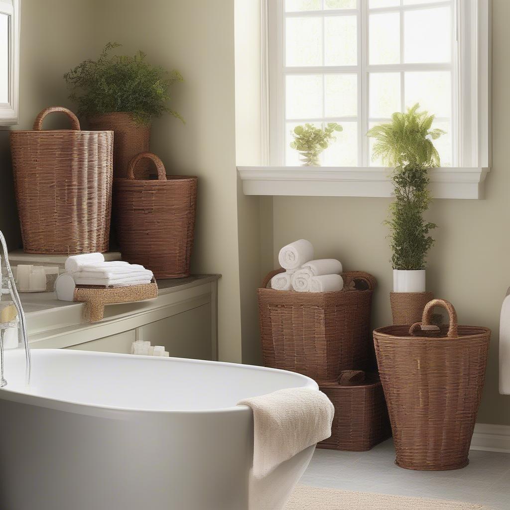 Styled wicker bathroom storage bins with towels, toiletries, and plants, showcasing different styling ideas.