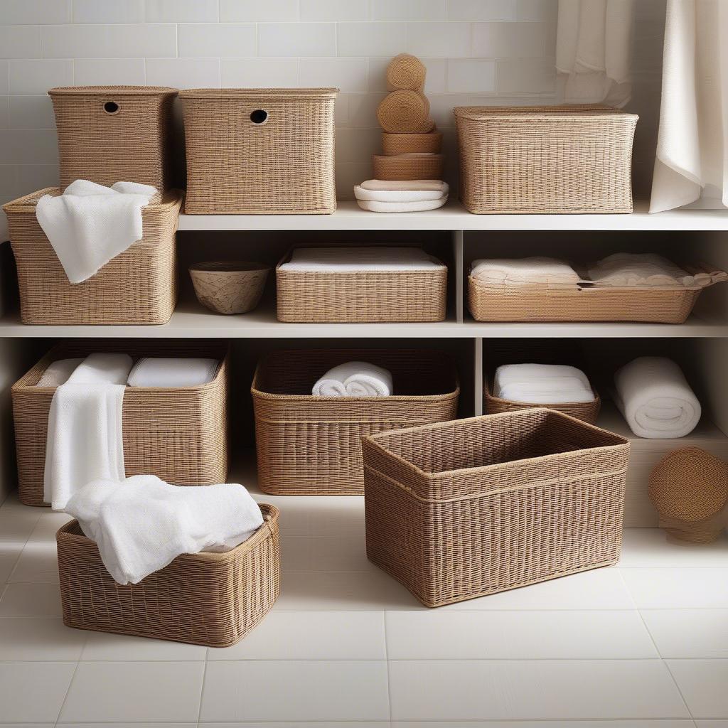 Various wicker bathroom storage bins in different sizes and styles, showcasing their versatility and aesthetic appeal.