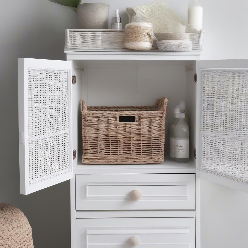 A white wicker bathroom storage cabinet.