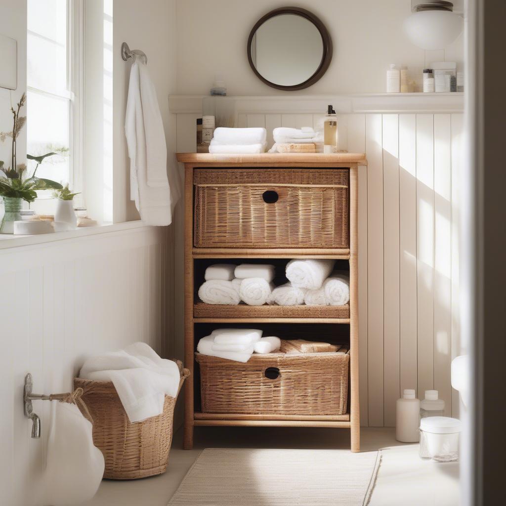 Wicker bathroom storage cabinet in a naturally lit bathroom, showcasing its warm and inviting aesthetic.