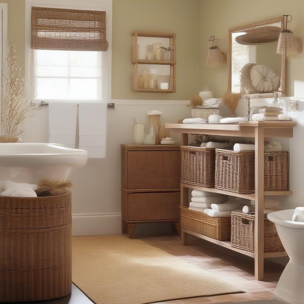 Wicker Bathroom Storage Ideas: Various wicker baskets, shelves, and cabinets used to organize toiletries, towels, and other bathroom essentials in a stylish and functional way.