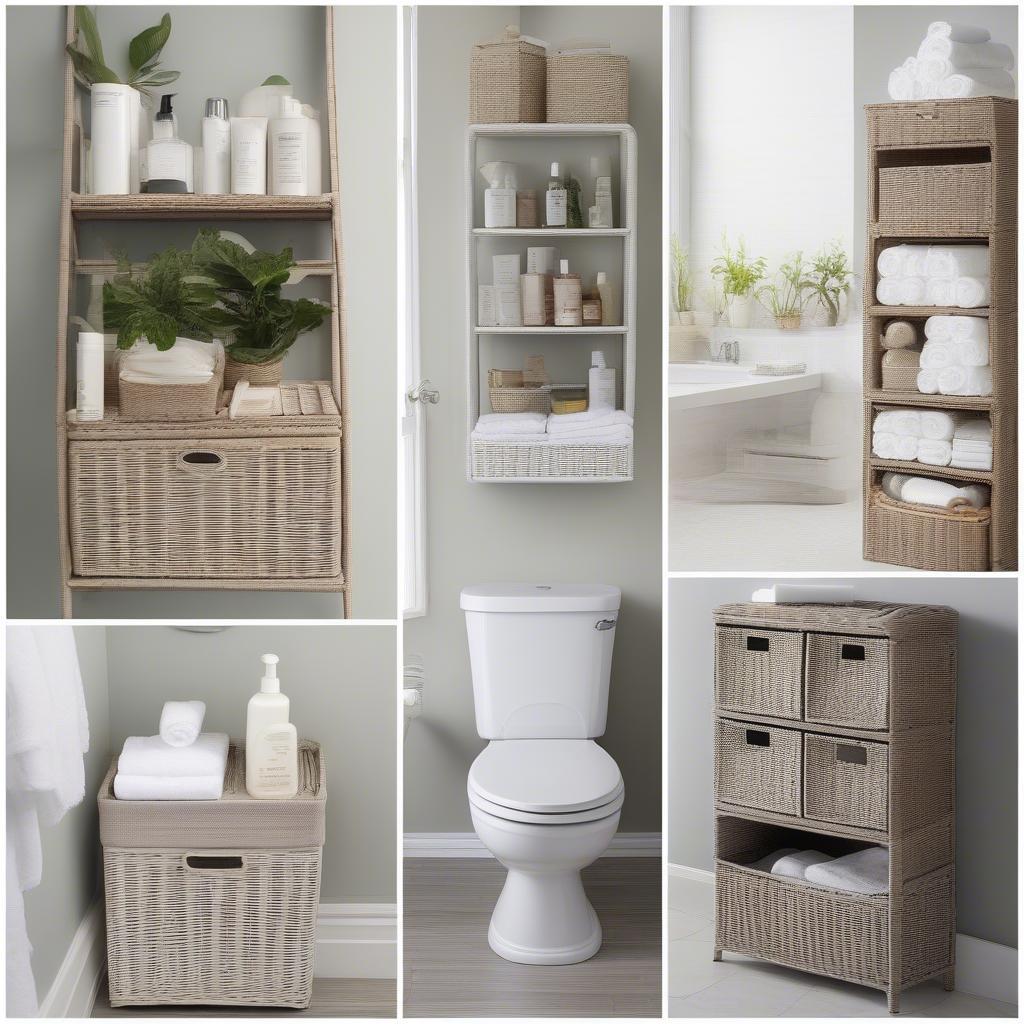 Various white wicker bathroom storage ideas, including baskets, shelves, and an over-the-toilet unit.