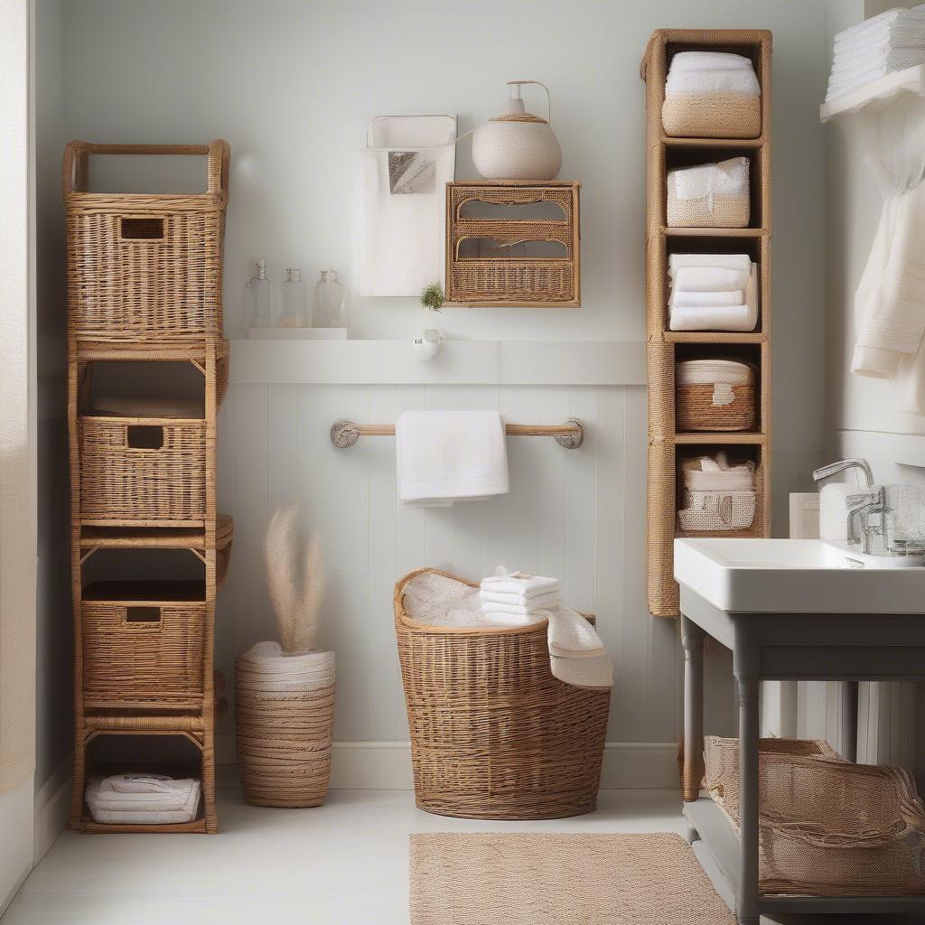 Wicker bathroom storage ideas showcasing various baskets, shelves, and cabinets.