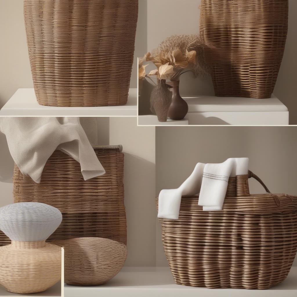 Wicker Bathroom Storage Materials: Close-up shots of different wicker weaving materials, including rattan, willow, bamboo, and seagrass, showcasing their unique textures and colors.