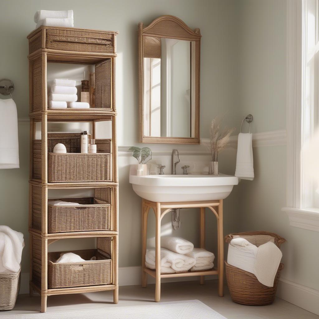 Wicker bathroom storage tower in a naturally lit bathroom, showcasing its woven texture and multiple shelves.