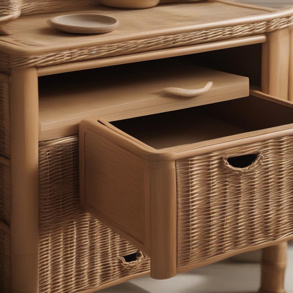 Wicker bathroom vanity with multiple drawers for storage, showcasing the natural texture and woven design.