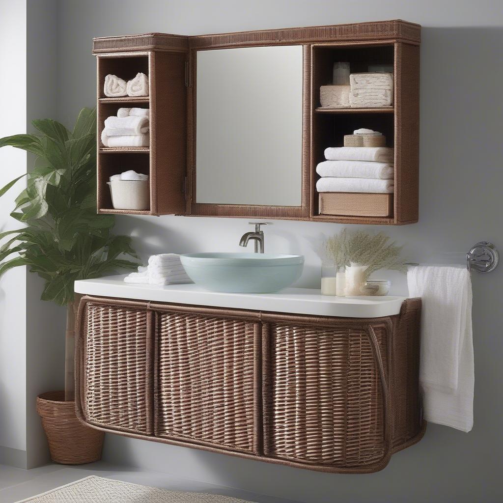 Different styles of wicker bathroom wall cabinets, showcasing various sizes, shapes, and weaving patterns.