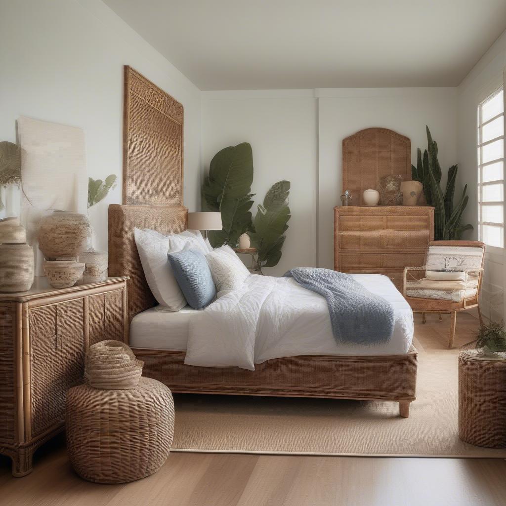 Bedroom decor ideas featuring a wicker platform bed with cabinet and complementary furnishings.