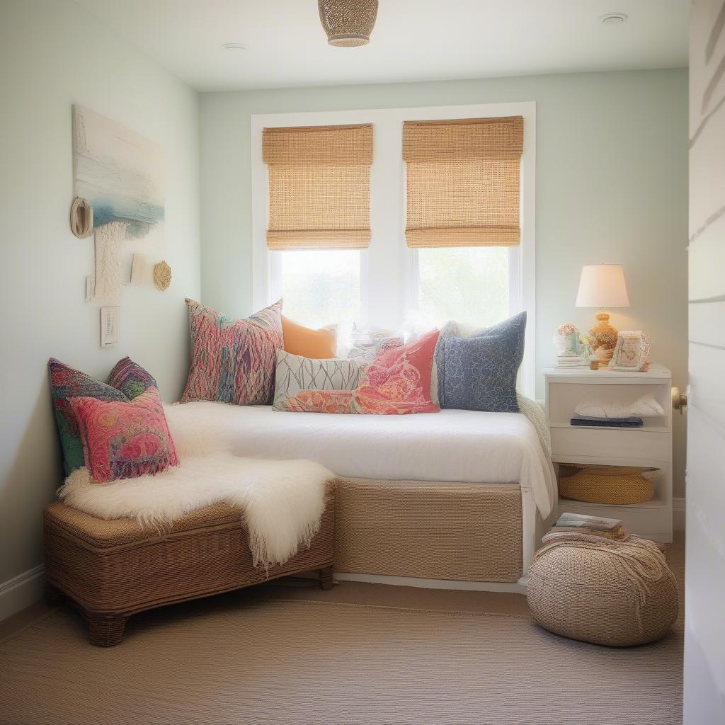 Wicker bench with cushion in a bedroom, styled with decorative pillows and a throw blanket, demonstrating its integration with the room's aesthetic.