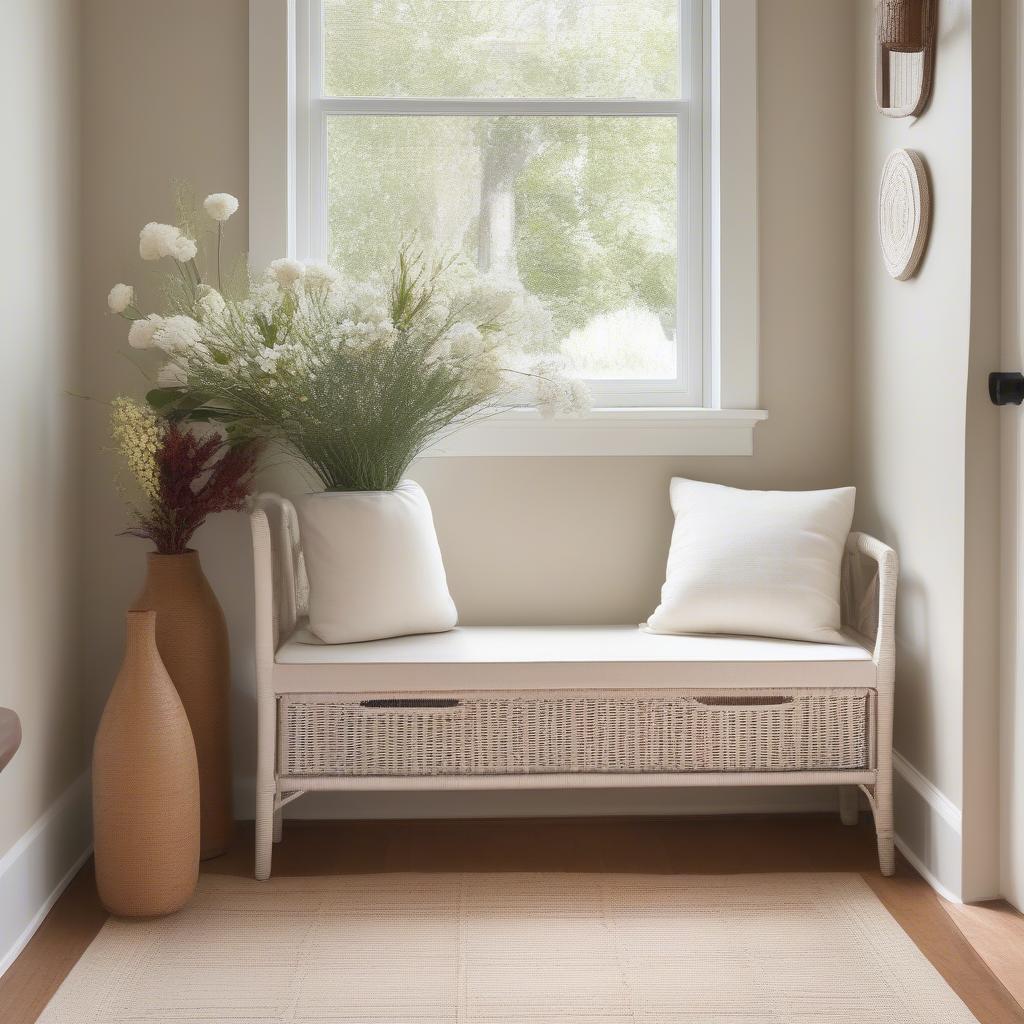 Wicker bench with cushion in an entryway setting