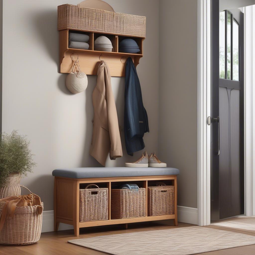 Wicker bench storage in an entryway, demonstrating its organizational benefits for shoes, bags, and other items.