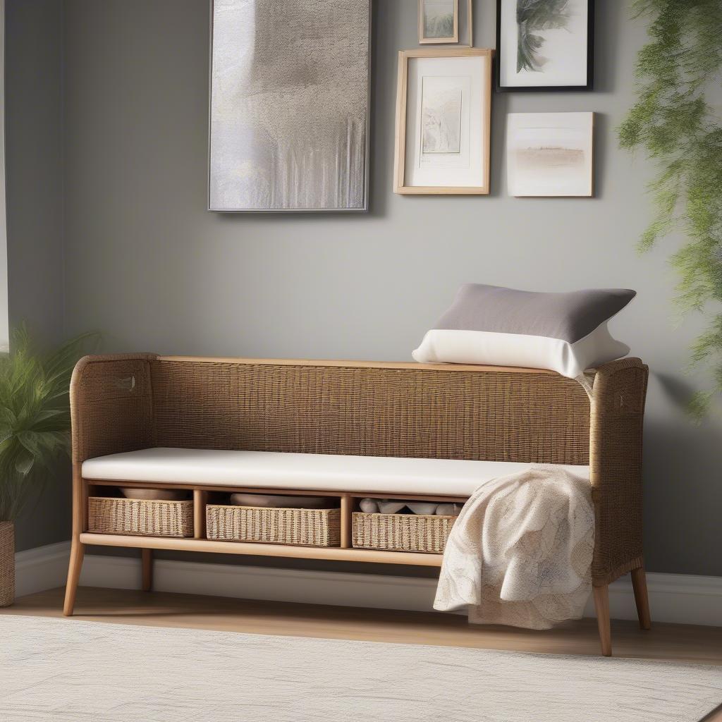 Wicker bench storage in a living room setting, showcasing its stylish design and practical storage capabilities.