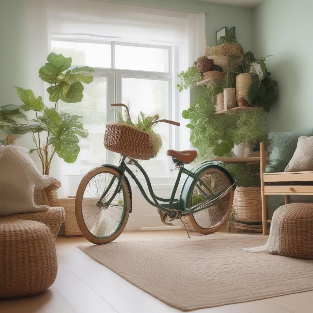 Wicker Bicycle Planter in Indoor Living Room