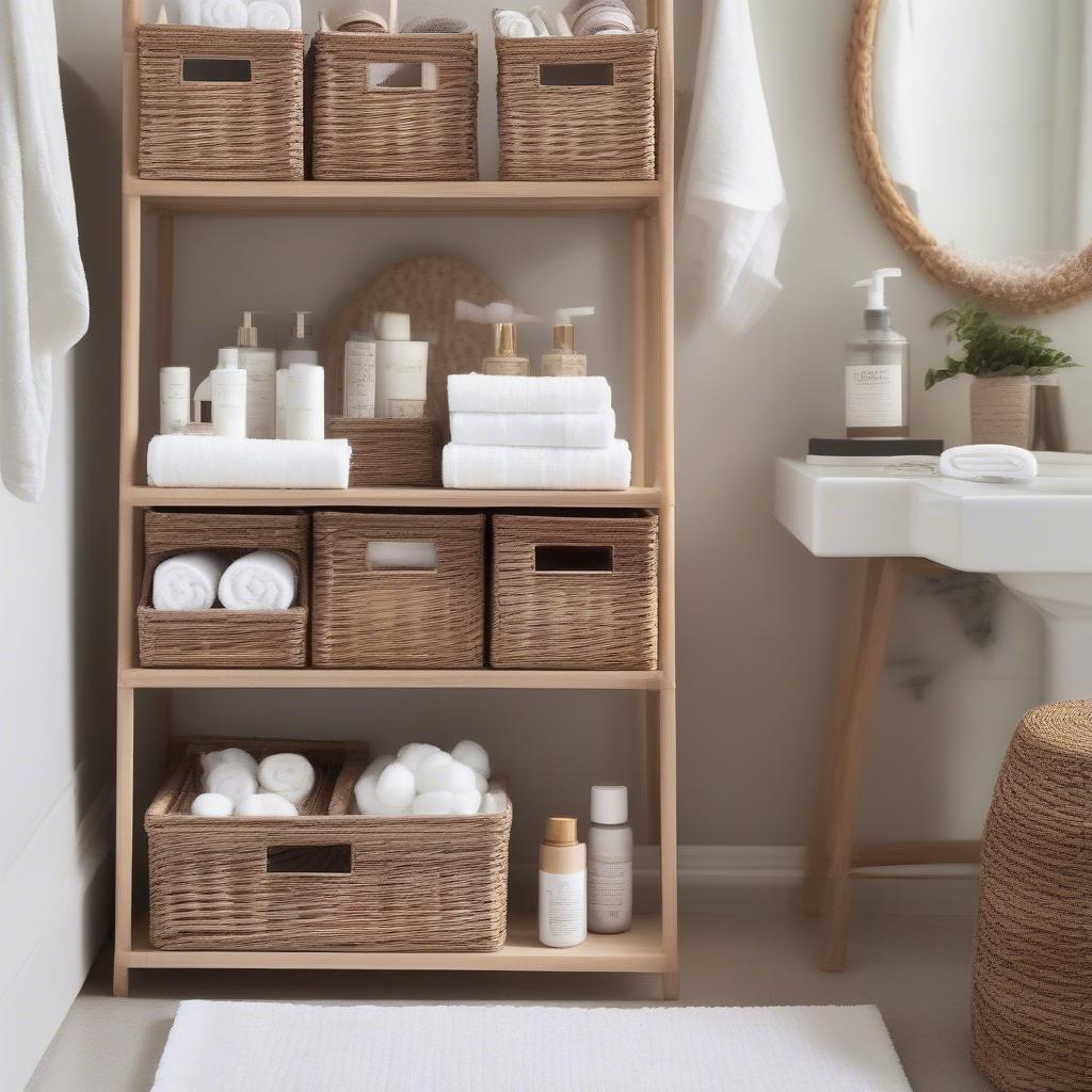 Small wicker storage bins organizing toiletries and towels in a bathroom setting.