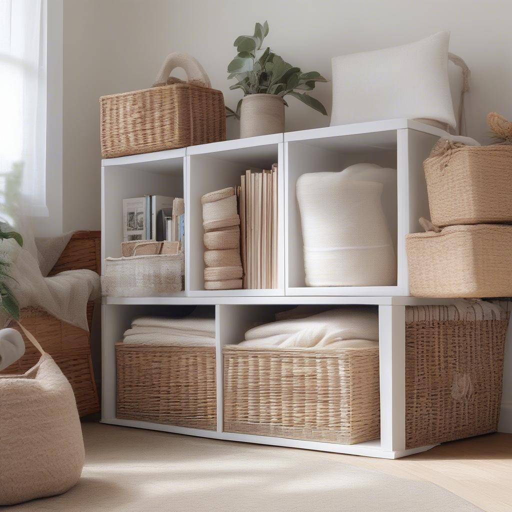 Wicker bins in cube storage unit in a living room