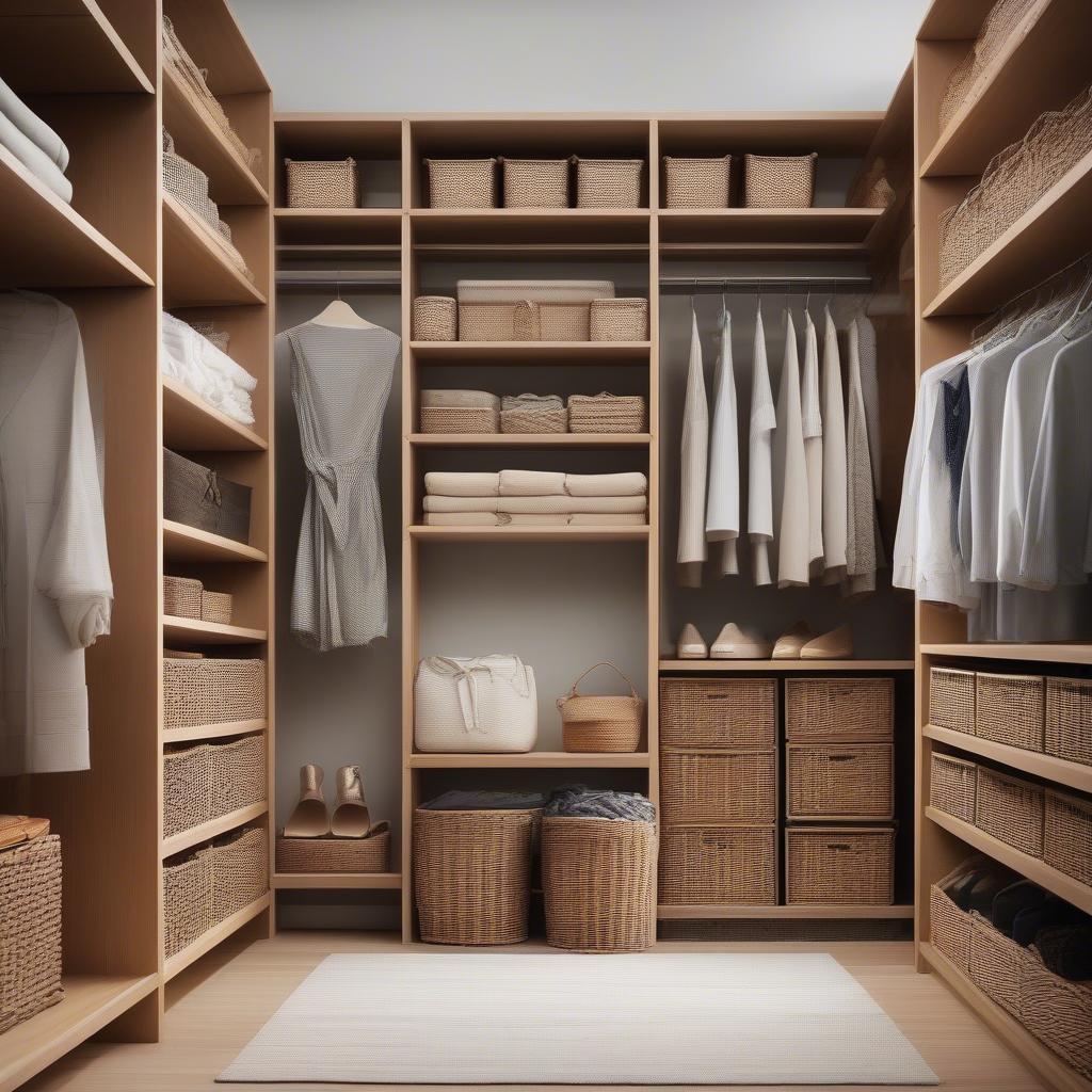 Wicker bins used to organize a closet