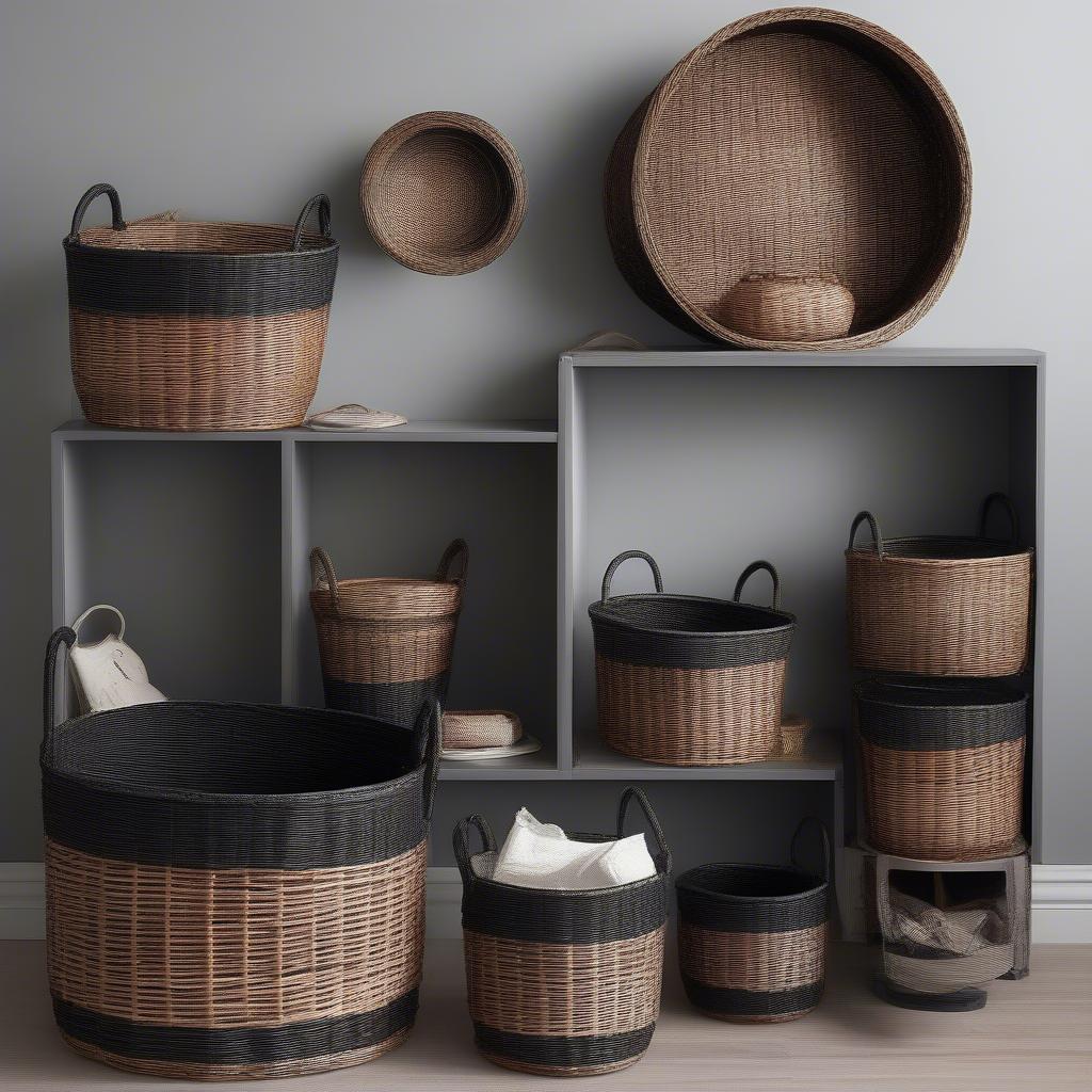 Variety of Wicker Black Storage Baskets in Different Shapes and Sizes