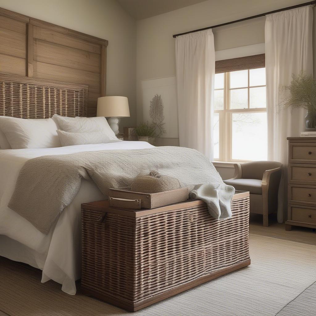 Wicker blanket chest at the foot of a bed