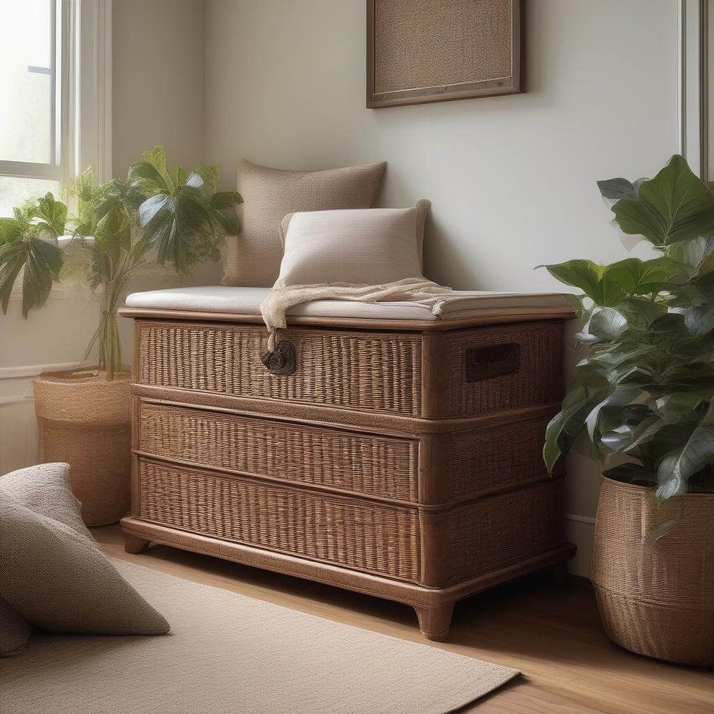 Wicker blanket chest in a living room setting