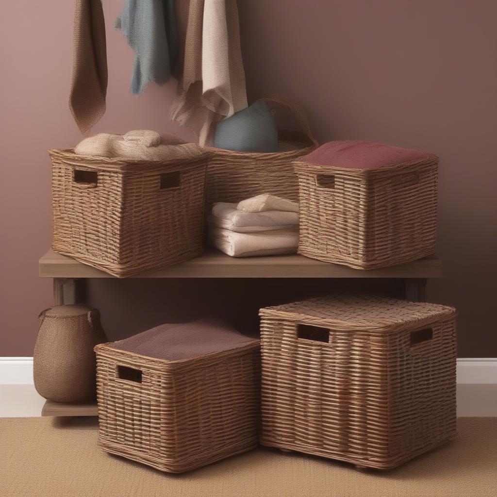 Variety of wicker blanket storage baskets, including round, square, and rectangular shapes with different weaving patterns and sizes, showcasing options for various decor styles and storage needs.