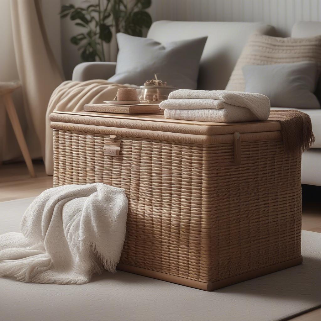 Wicker Blanket Storage Box in a Living Room